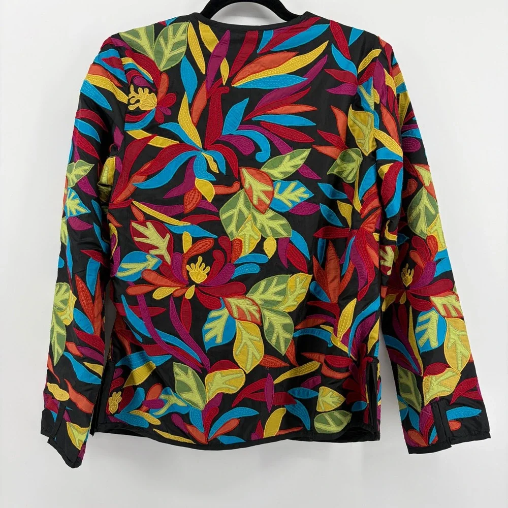 Chicos Silk Embroidered Floral Applique Jacket Black Multicolor SZ 0 /‎ US Small
